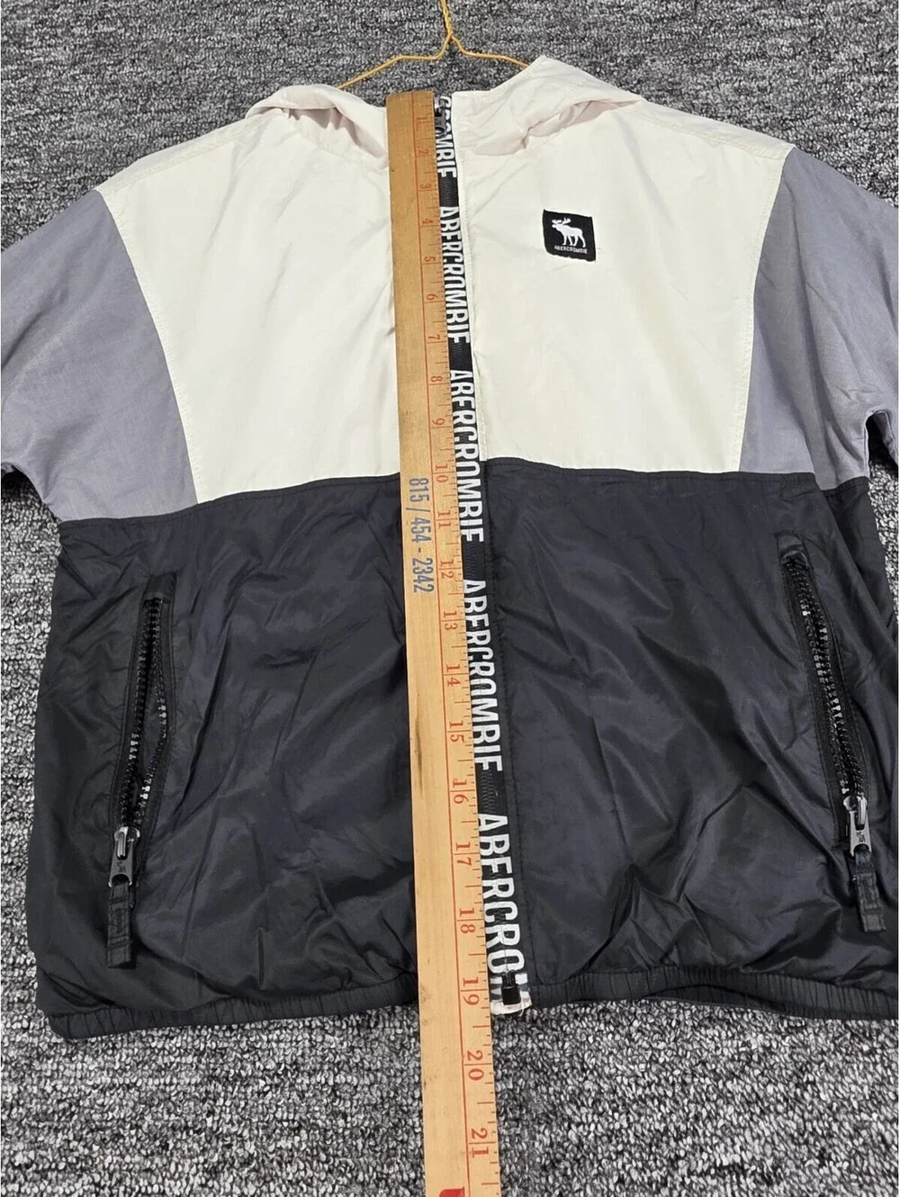 Abercrombie Kids Colorblock Hooded Full Zip Jacket Pockets White Gray 7/8